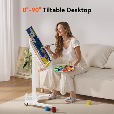 Foldable Pneumatic Height Adjustable Mobile Standing Desk with 90° Tiltable Tabletop, 27.2x18.9 Inch Portable Laptop Desk with Wheels, Holds Up to 66.1lbs for Home Office, Study, White
