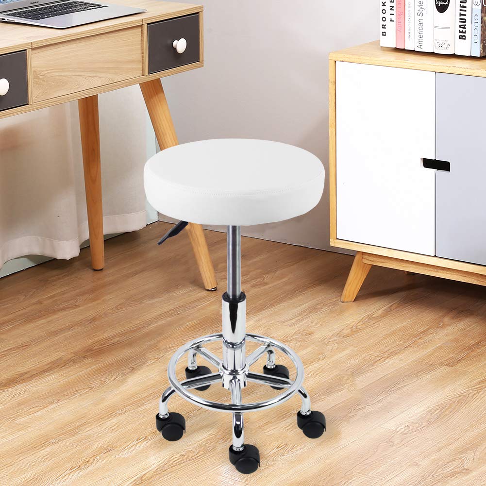 PU Leather Round Rolling Stool with Foot Rest Swivel Height Adjustable Stool Spa Drafting Salon Tattoo Work Office Massage Task Chair White Small (White)