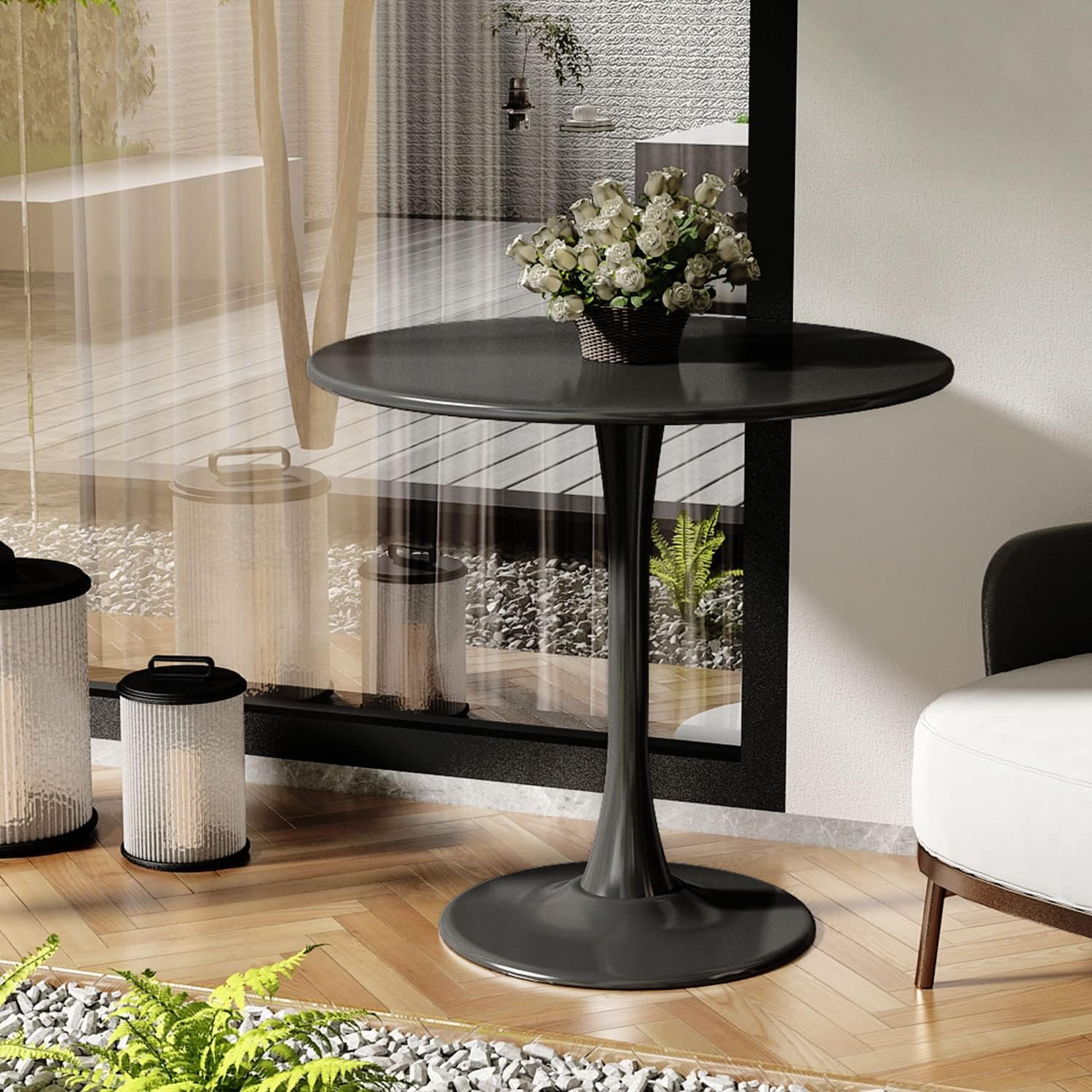 31.5" Tulip Table for 2-4 Persons Modern Round Dining Room Table, Mid-Century Modern Black Small Kitchen Table with MDF Wooden Top, Leisure Coffee Table for Living Room, Dining Room, Office