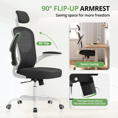 Office Chair Ergonomic Desk Chair, 330LBS Capacity, High Back Computer Design for Long Hours Comfort, Rolling Swivel Executive Task for Home Office with Flip-up Armrests(White Black)