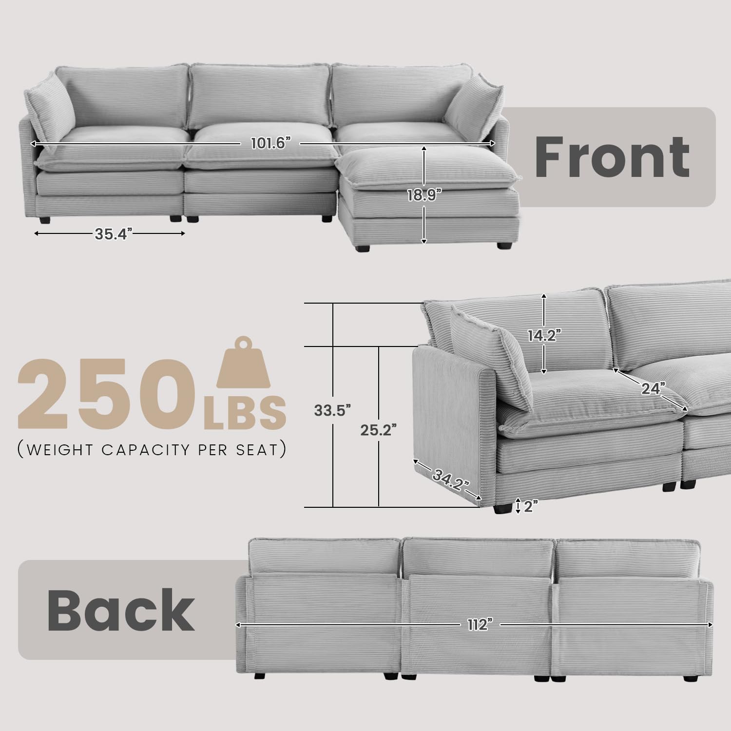 Oversized Modular Sectional Sofa with Movable Ottoman, 112 Inch 4 Seat Modern Corduroy Sofa Set, Convertible L Shaped Couch for Living Room and Office, Light Grey