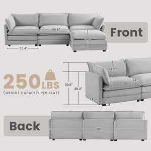 Oversized Modular Sectional Sofa with Movable Ottoman, 112 Inch 4 Seat Modern Corduroy Sofa Set, Convertible L Shaped Couch for Living Room and Office, Light Grey