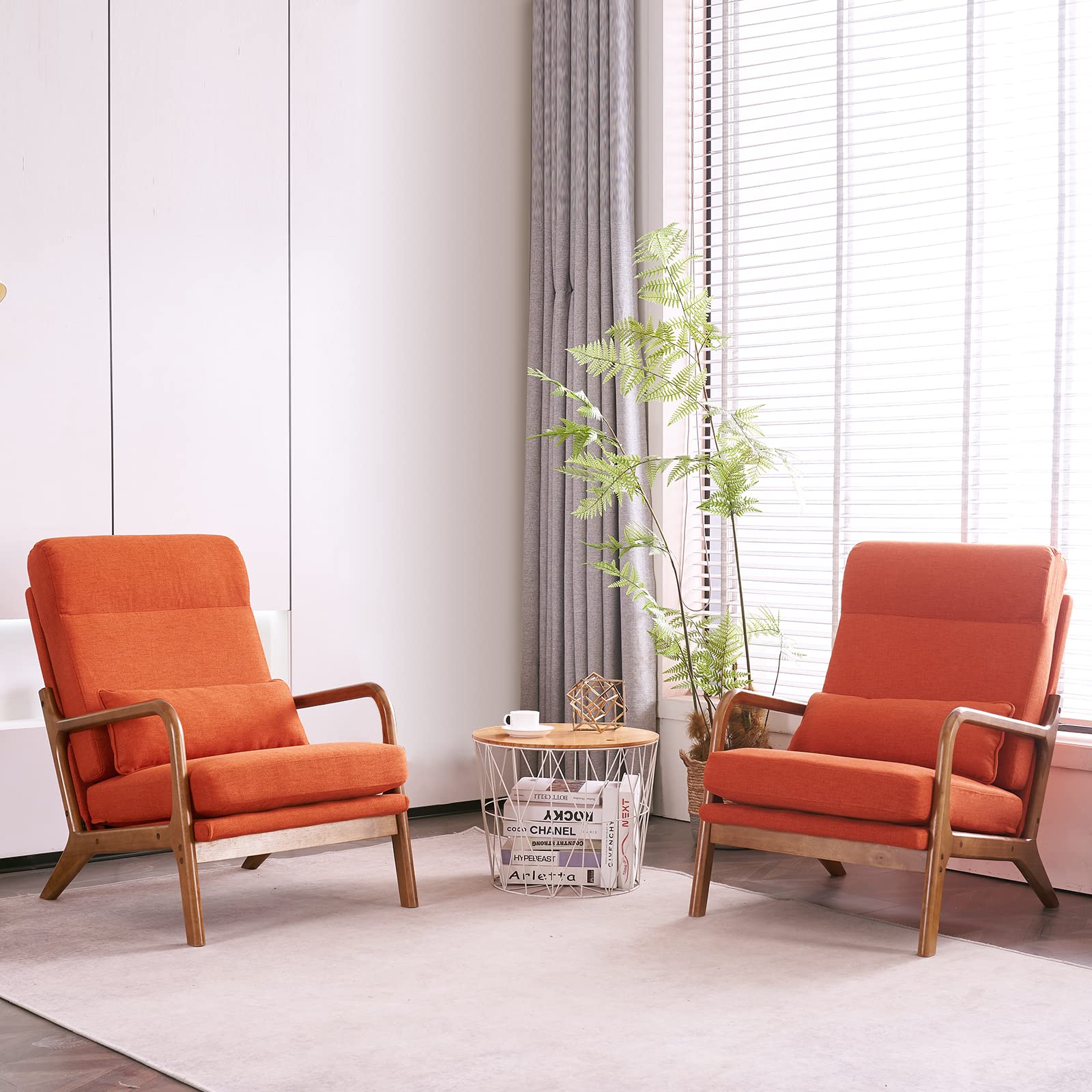 High Back Burnt Orange Accent Chairs Set of 2, Upholstered Mid Century Modern Lounge Chairs Reading Chairs Side Sitting Chair Solid Wood Farmhouse Armchairs for Living Room, Bedroom, Guest Room