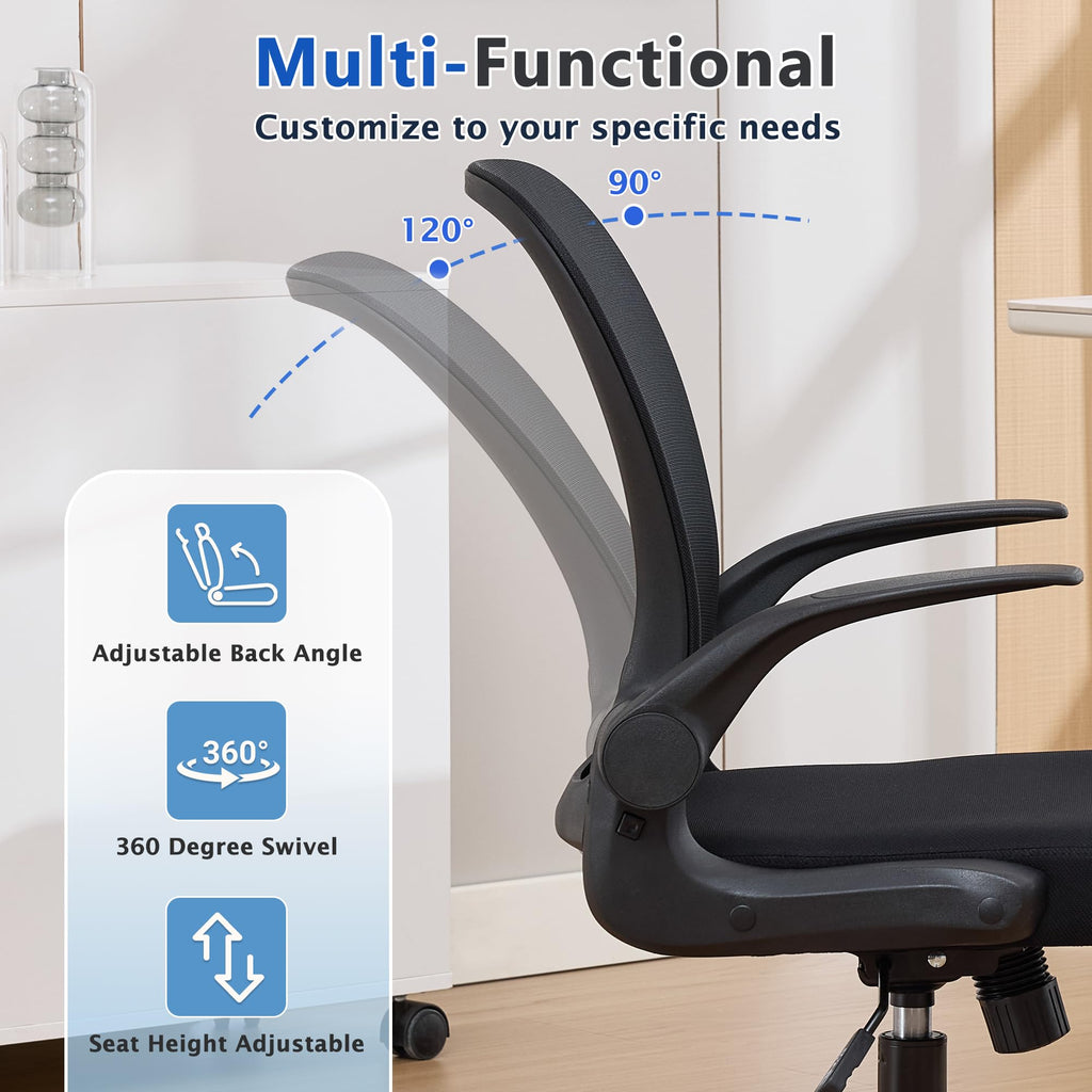 Foldable Office Chair for Small Spaces | Home Office Folding Desk Chairs with Wheels and Flip Up Arms | Ergonomic Mesh Computer Chair for Adults & Kids(2PCS Black)