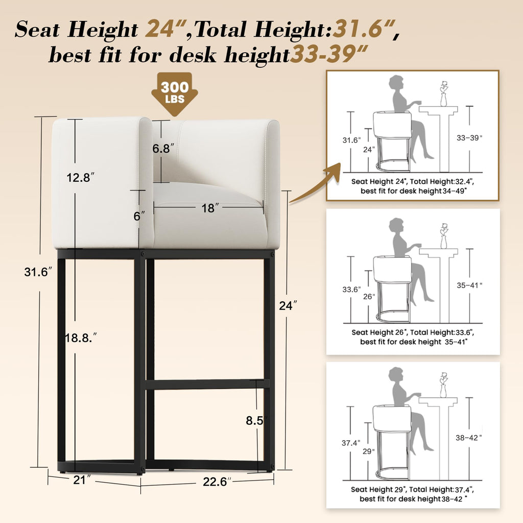 24" Modern Counter Height Bar Stools,PU Leather Upholstered Barrel Barstools with Backs,Island Chairs Bar Stools Set of 1,Metal Black, Beige White Leather