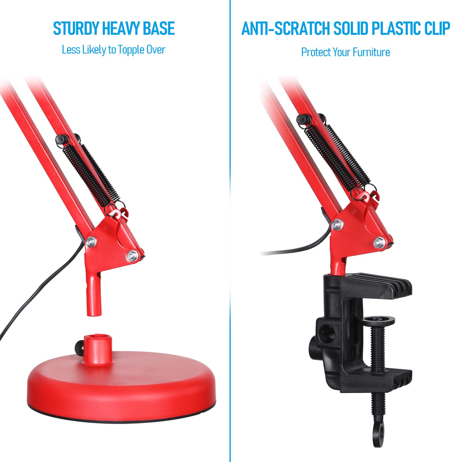 Metal Desk Lamp with Clamp, Swing Arm, Architect Adjustable Gooseneck Table Lamp, Clip Desk Lights for Home Office, Work, Study, Reading, E26 Base, Multi-Joint, Red