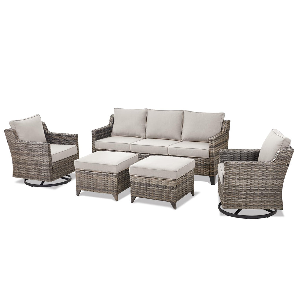 Outdoor Patio Furniture Set-5 Pieces All-Weather Wicker Outdoor Furniture with Swivel Patio Chairs Outdoor Patio Conversation Sets for Garden Porch Deck Grey/Beige