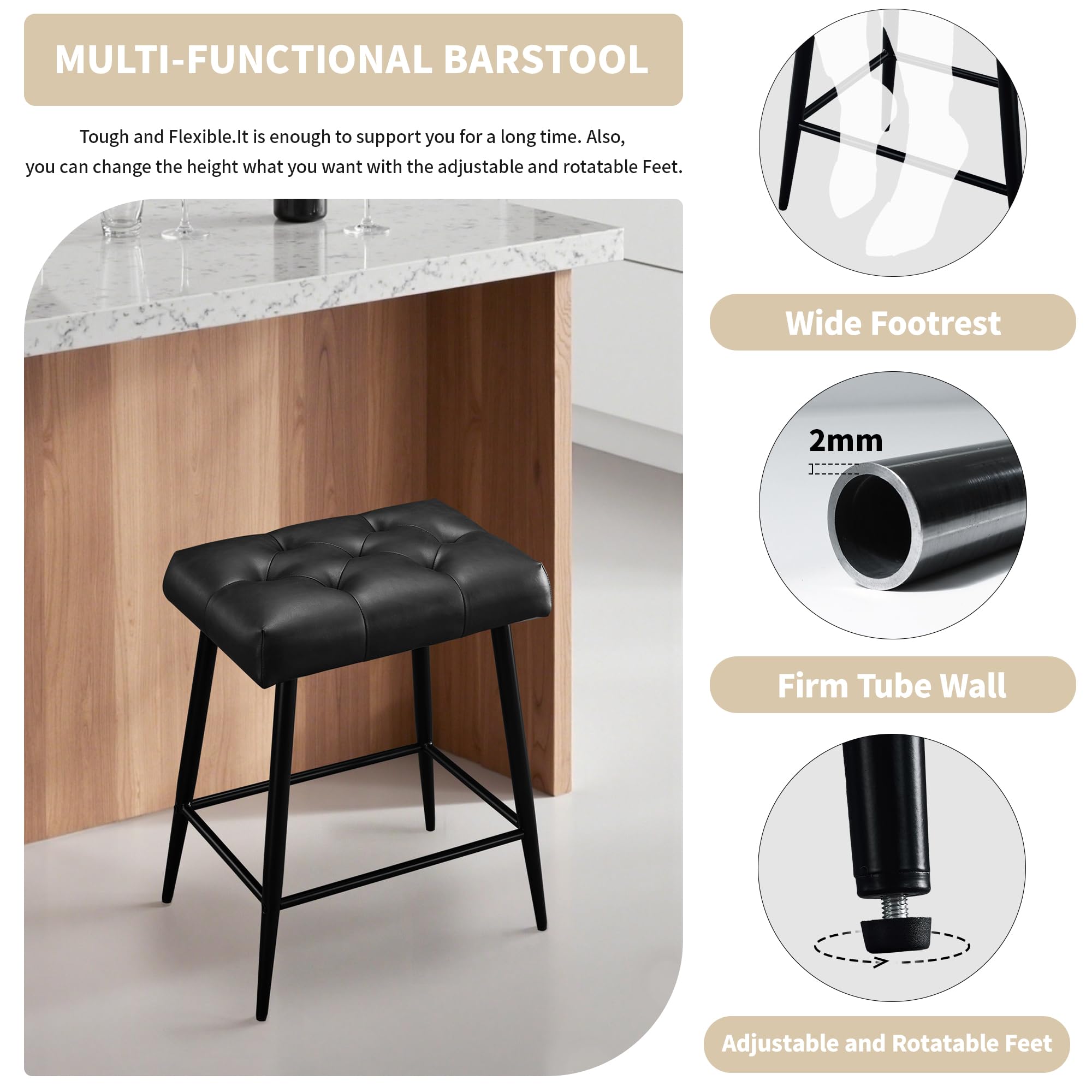 Bar Stools Set of 2, 24 Inch Bar Stool for Kitchen Island, Modern Counter Height Bar Stools for Kitchen Counter, Bar Chairs with Sturdy Metal Base and Adjustable Foot Pins, Black