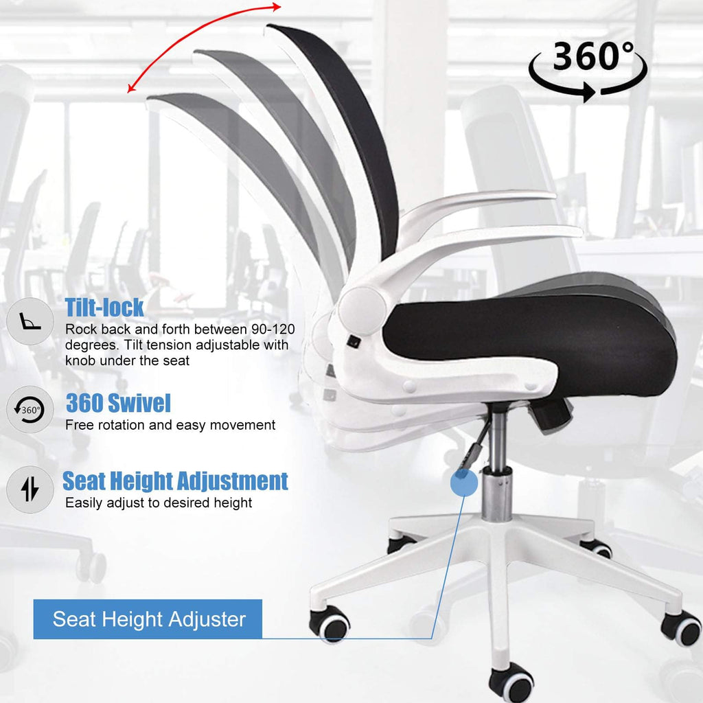 Foldable Office Chair - Home Office Desk Chairs with Wheels and Flip-Up Arms - Ergonomic Backrest Mesh Computer Chair Adjustable Swivel Rolling Home Executive (White)