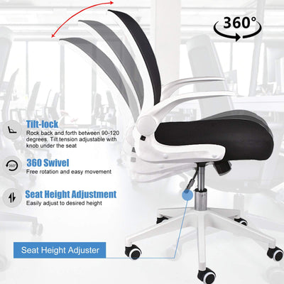 Foldable Office Chair - Home Office Desk Chairs with Wheels and Flip-Up Arms - Ergonomic Backrest Mesh Computer Chair Adjustable Swivel Rolling Home Executive (White)