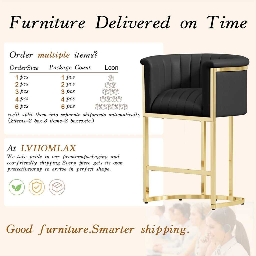 Modern Counter Height Bar Stools,Bar Stools Set of 3,PU Leather Upholstered Barrel Barstools with Backs and Arms,26'' Kitchen Island Chairs,Mirror Champagne Gold Base,Ink Black Leather