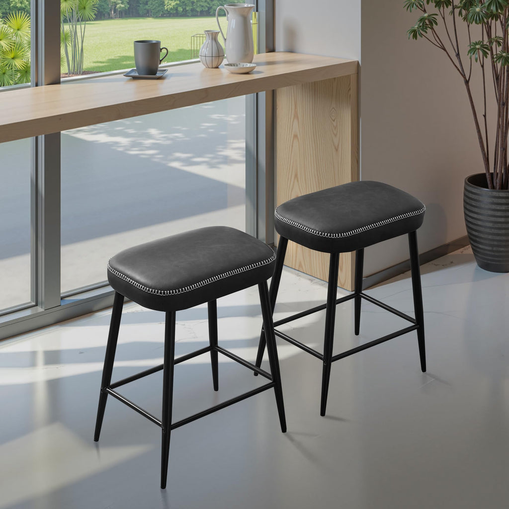 Bar Stools Set of 2, 24 Inch Counter Height Bar Stool for Kitchen Island, Modern Kitchen Bar Stools with Sturdy Metal Base and Thickened Cushion, Black