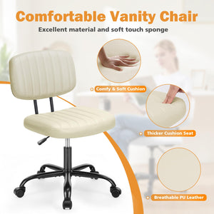 Small Office Desk Chair - Armless PU Leather with Comfy Lumbar Support, Height Adjustable Rolling Swivel Task for No Arms, for Adult, Student, Bedroom, Home, Vanity, Beige White