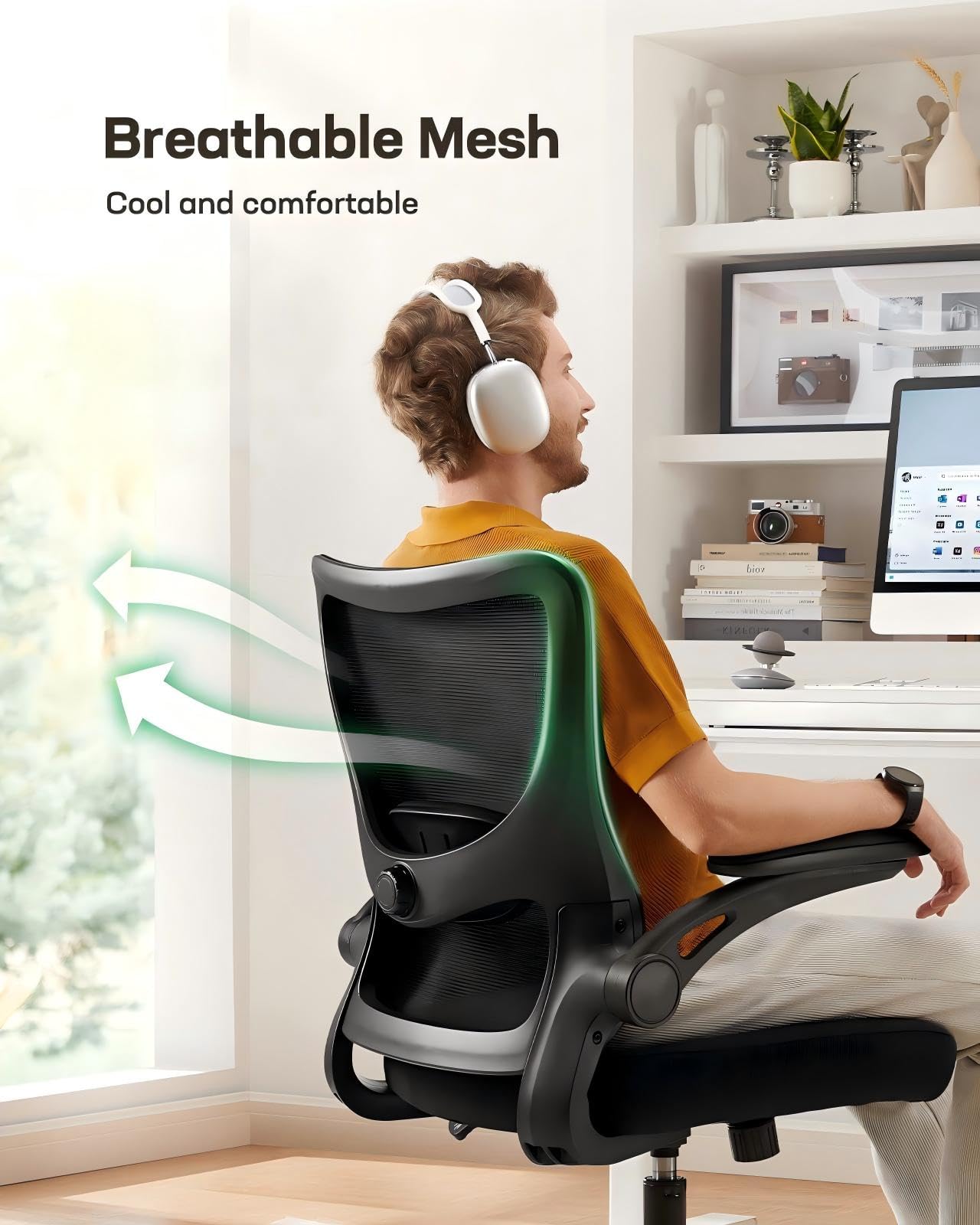 Ergonomic Office Chair with Adjustable Lumbar Support, 3-Way PU Armrests & Breathable Mesh for Home Office and Gaming