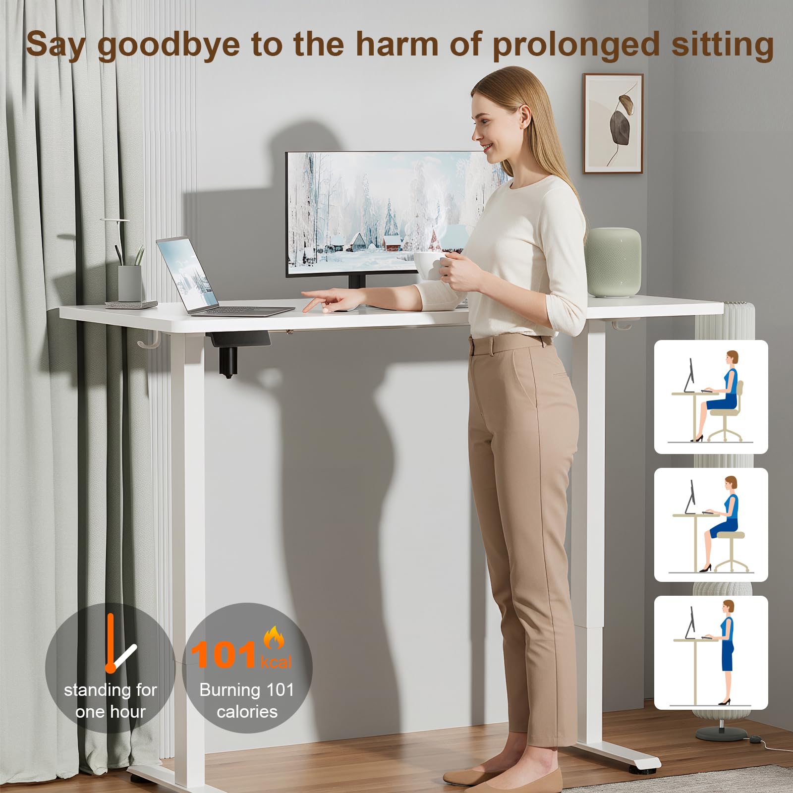 55 Inch Large Electric Standing Desk,Sit to Stand Up, Heights Adjustable, Work Home Office Computer Table for Study, Walking Pad, Writing, and Games, Wooden Desktop Desks, White