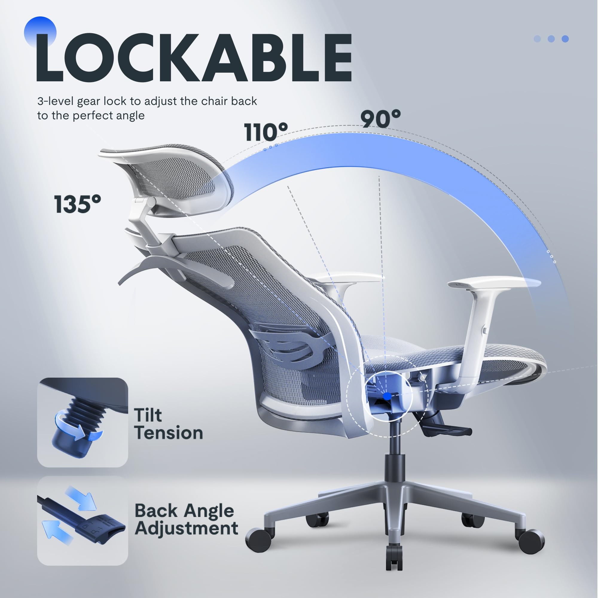 Ergonomic Office Chair Mesh Back Swivel Computer Chair Executive Office Desk Chairs with Adjustable Lumbar Support/2D Headrest/Lockable Backrest, Light Gray