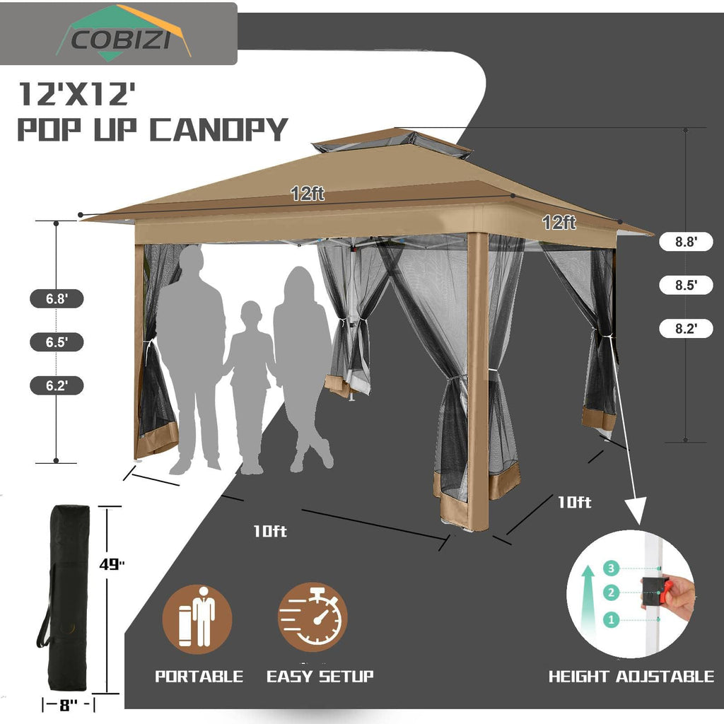12x12 Pop Up Gazebo On Clearance Canopy Tent- Upgrade Metal Outdoor Canopy Waterproof - Portable Gazebo with Mosquito Nettings, 4 Ropes 8 Stakes and Carry Bag for Patio Garden(Coffee)