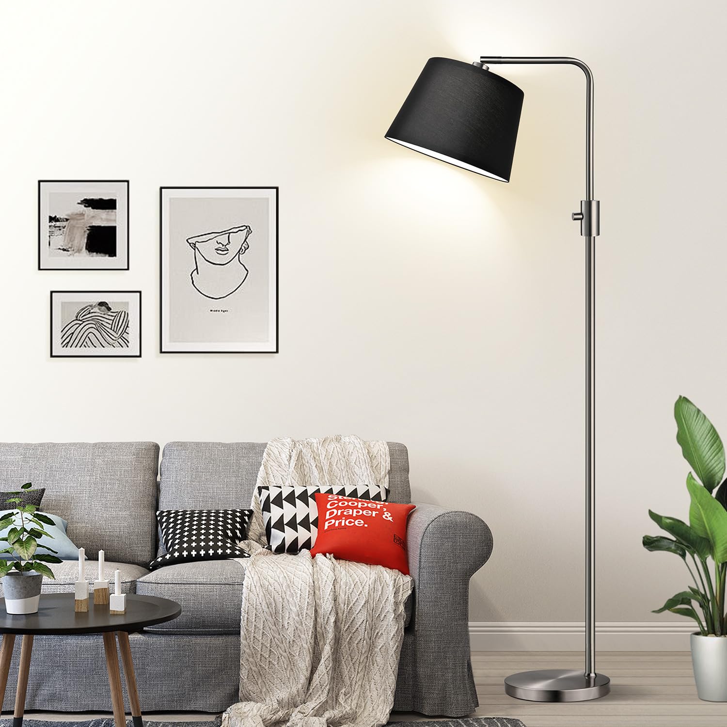 【Upgraded】 Dimmable Floor Lamp, 1000 Lumens LED Edison Bulb Included, Brushed Nickel Arc Floor Lamps Modern Standing Lamp with Black Shade, Tall Lamps for Living Room Bedroom