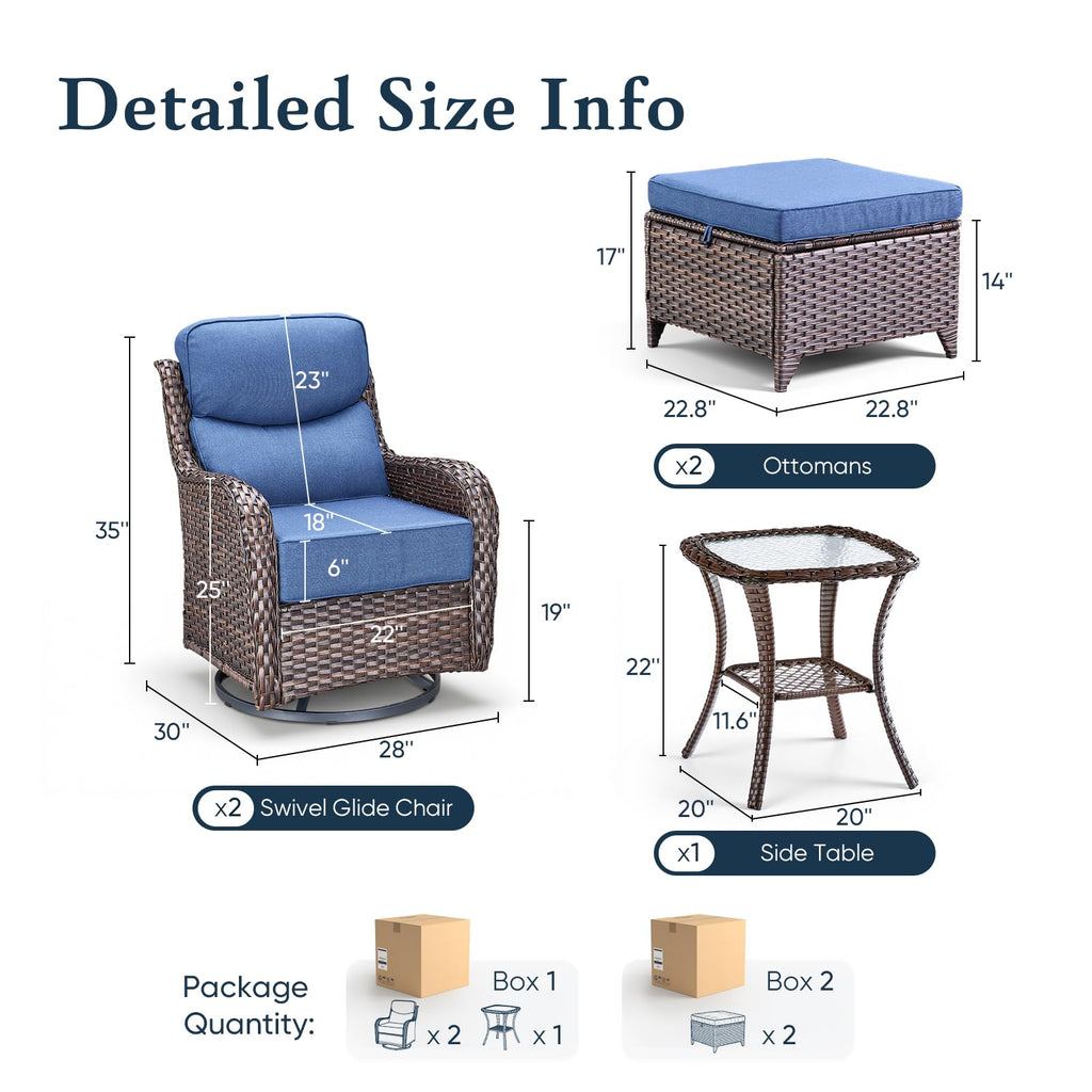 Luxury 6" Thick Cushioned 5 Pieces Patio Furniture Set with 2 Ottomans, Wicker Outdoor Conversation Set with High Back Swivel Rocker Patio Chairs for Deck Porch Yard and Poolside - Brown+Blue