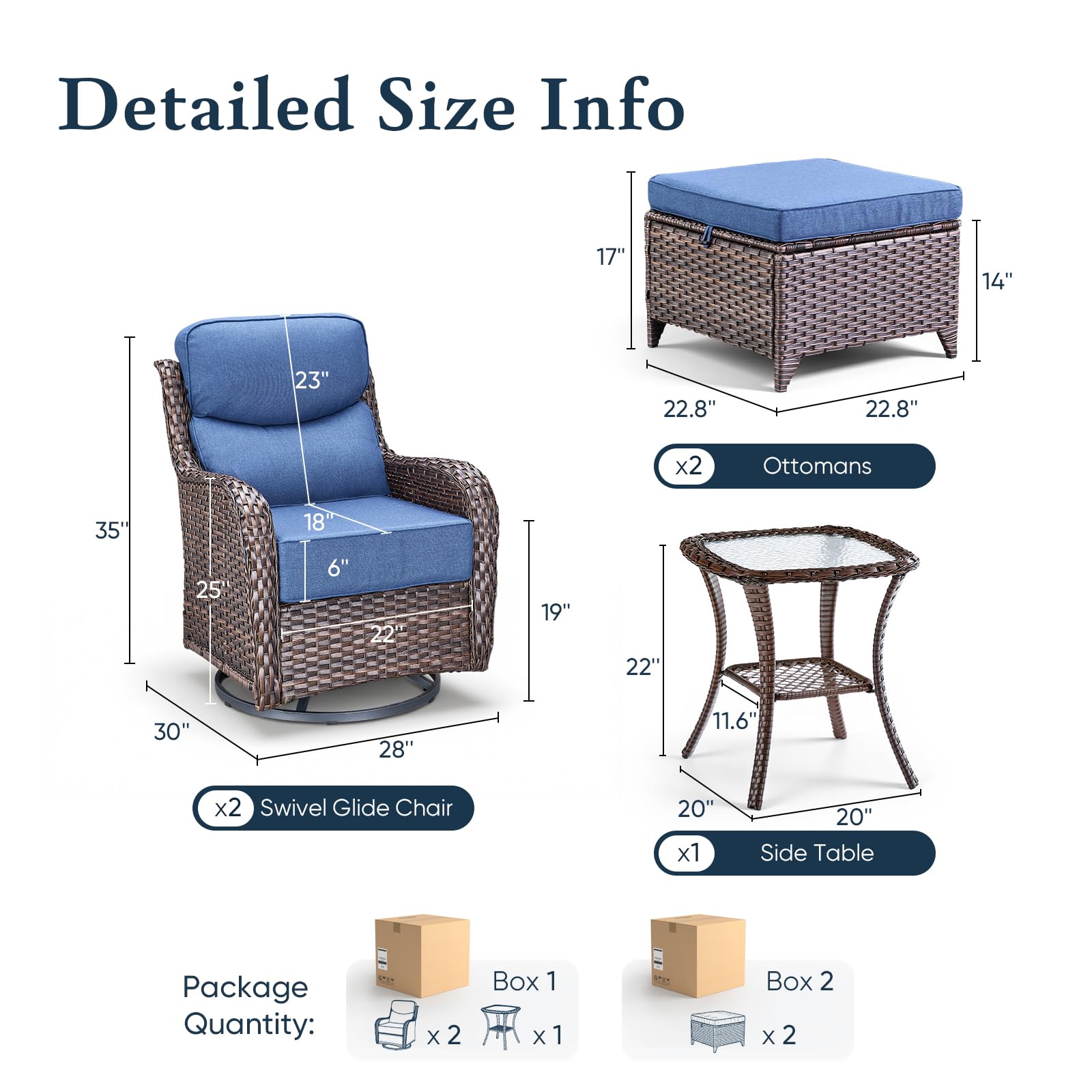 Luxury 6" Thick Cushioned 5 Pieces Patio Furniture Set with 2 Ottomans, Wicker Outdoor Conversation Set with High Back Swivel Rocker Patio Chairs for Deck Porch Yard and Poolside - Brown+Blue