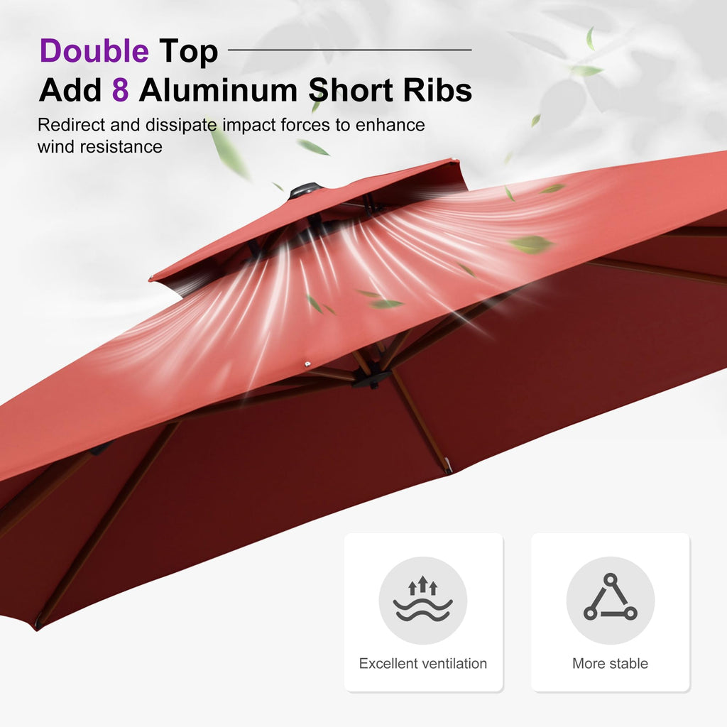 9' X 12' Double Top Deluxe Wood Pattern Rectangle Patio Umbrella Offset Hanging Umbrella Outdoor Market Umbrella Garden Umbrella, Brick Red