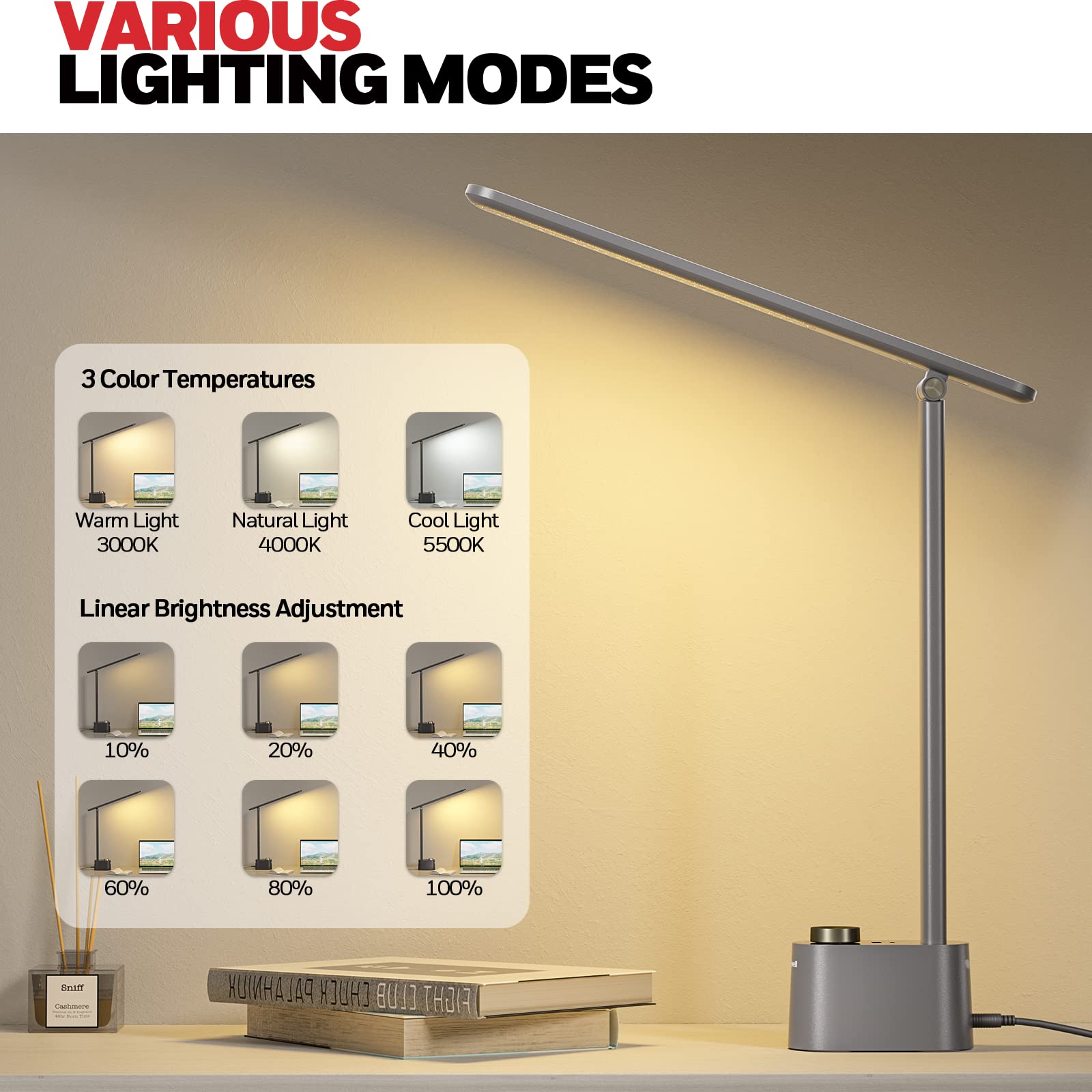 Desk Lamp Stepless Dimmable Table Lamp with USB A+C Dual Charging Port Eye-Caring Foldable Desk Light with 3 Color Modes for Home Office Bedroom Reading Study Sunturalux (Gray)