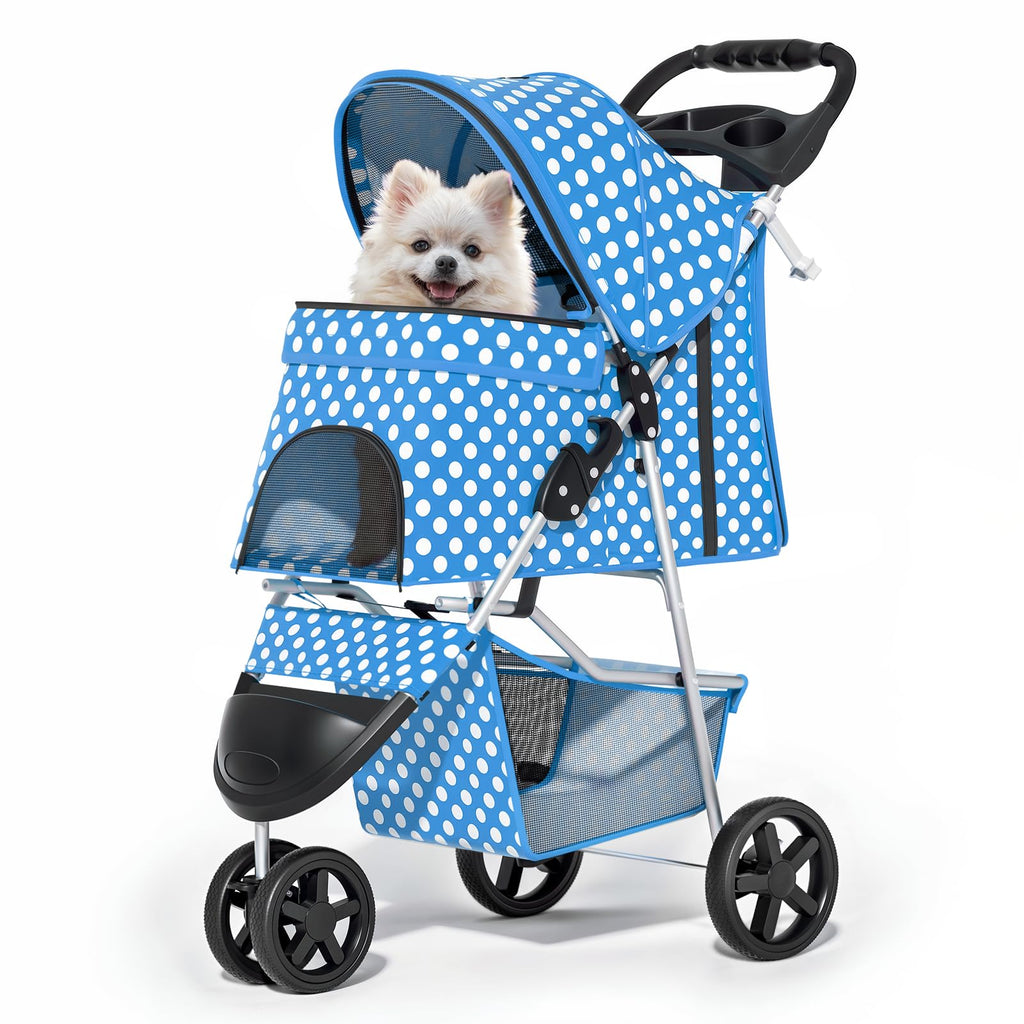 3 Wheels Pet Dog Cat Stroller for Small Medium Dogs Cats, Foldable Jogger Stroller w/Storage Basket and Cup Holder, Sky Blue Polka Dots