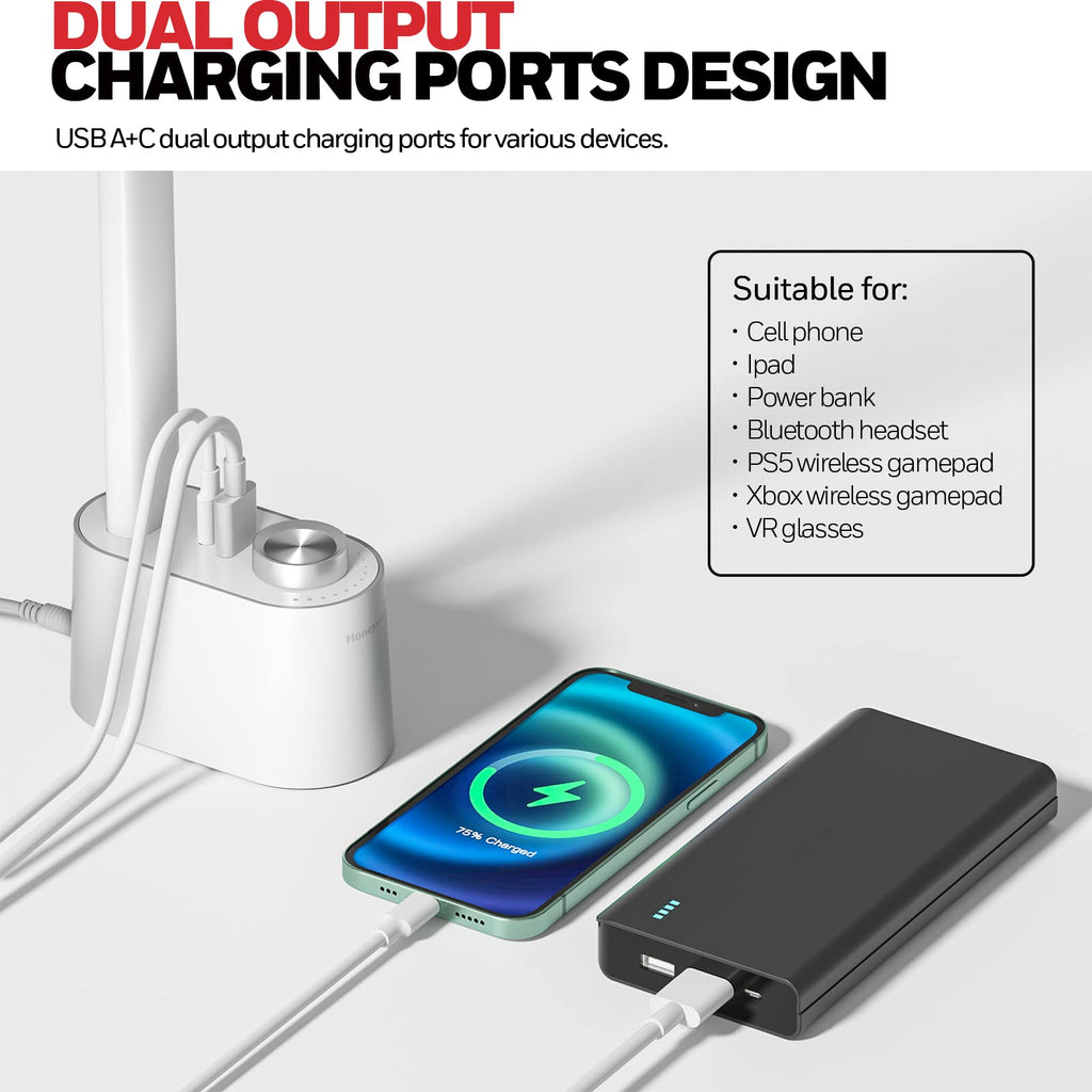 LED Desk Lamp with USB Charging Ports - Sunturalux™ HWT-H01 Stepless Dimmable Eye Caring Table Lamp for College Dorm Home Office, Foldable Small Bedside Lamp for Bedroom with Base White
