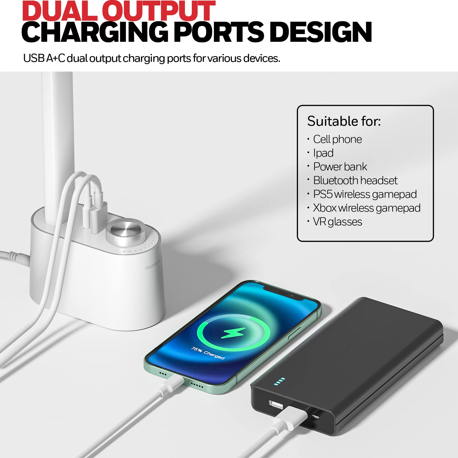 LED Desk Lamp with USB Charging Ports - Sunturalux™ HWT-H01 Stepless Dimmable Eye Caring Table Lamp for College Dorm Home Office, Foldable Small Bedside Lamp for Bedroom with Base White