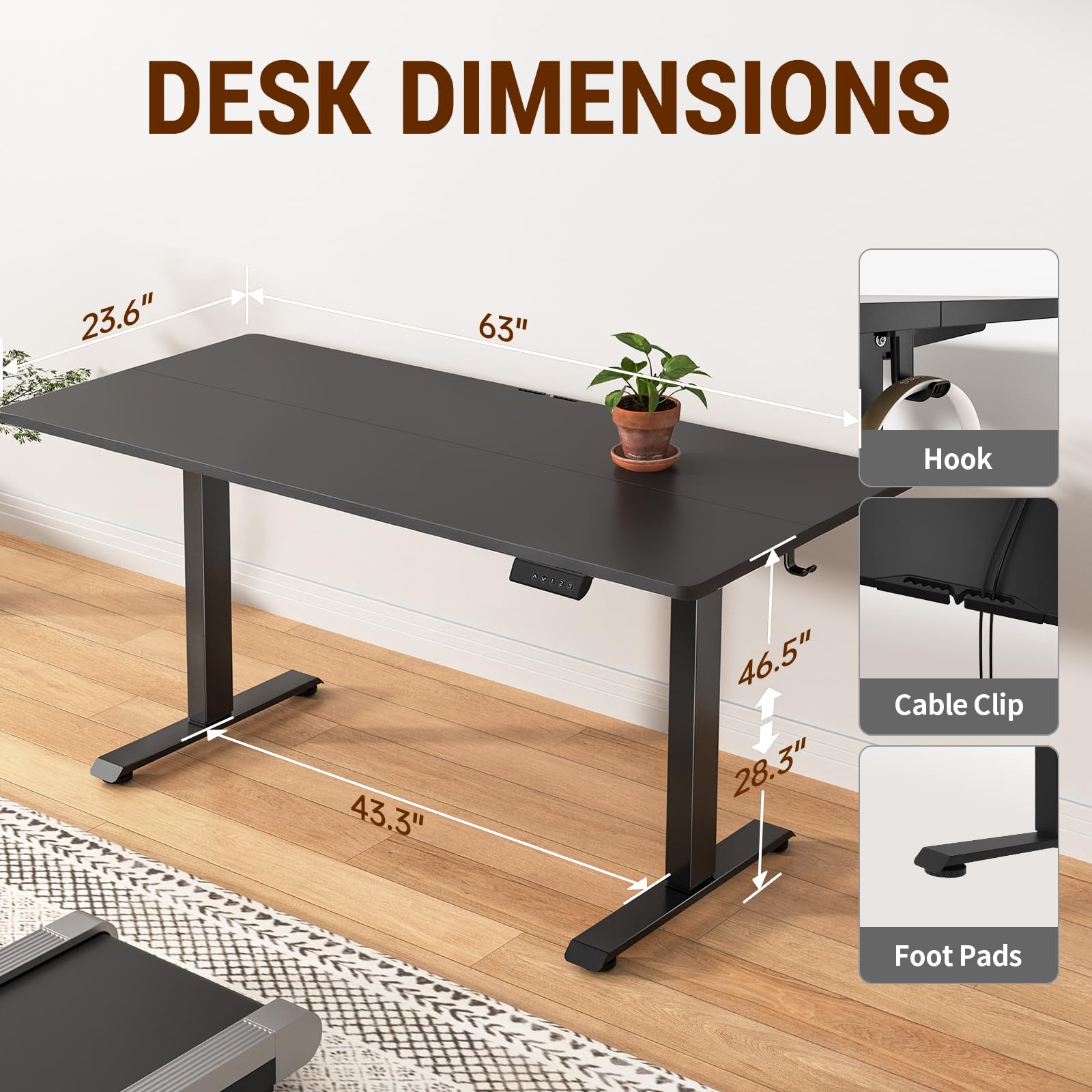 63x23.6 Inch Large Electric Standing Desk, Heights Adjustable,Sit to Stand Up, Work Home Office Computer Table for Walking Pad, Wooden Desktop Desks, Black