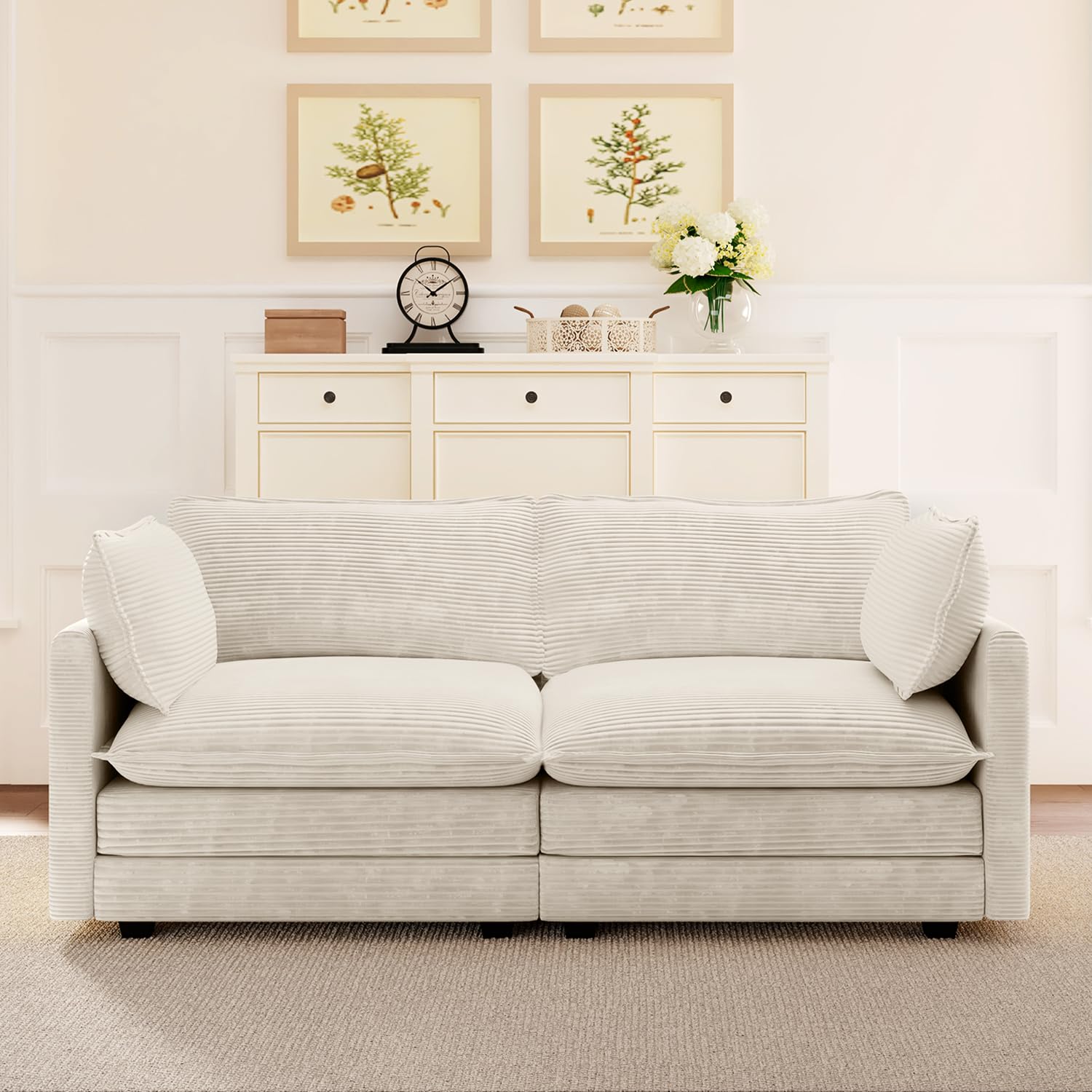 78'' Sectional 2 Seat Cloud Loveseat with 2 Throw Pillows, Modern Corduroy Love Seat, Cozy Sofa for Living Room, Office and Bedroom, Beige