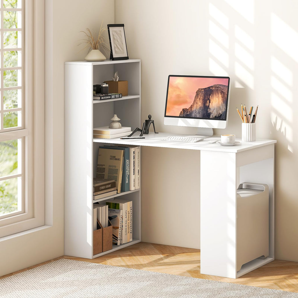 White Computer Desk with Bookshelf, Writing Study Desk with Storage Shelves & CPU Stand, Modern Compact Computer Workstation for Home & Office, Space-Saving Design