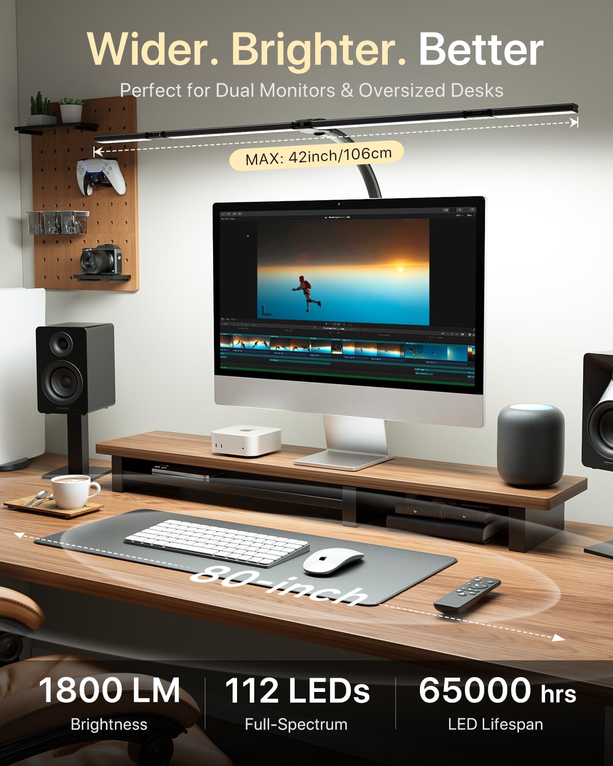 42" LED Desk Lamp for Home Office, Eye-Caring Desk Light with Adjustable 4-Segment Bar, 1800LM Bright, Remote, Architect Table Lamp with Base for Dual Monitors, Reading, Study, Workbench(Black)