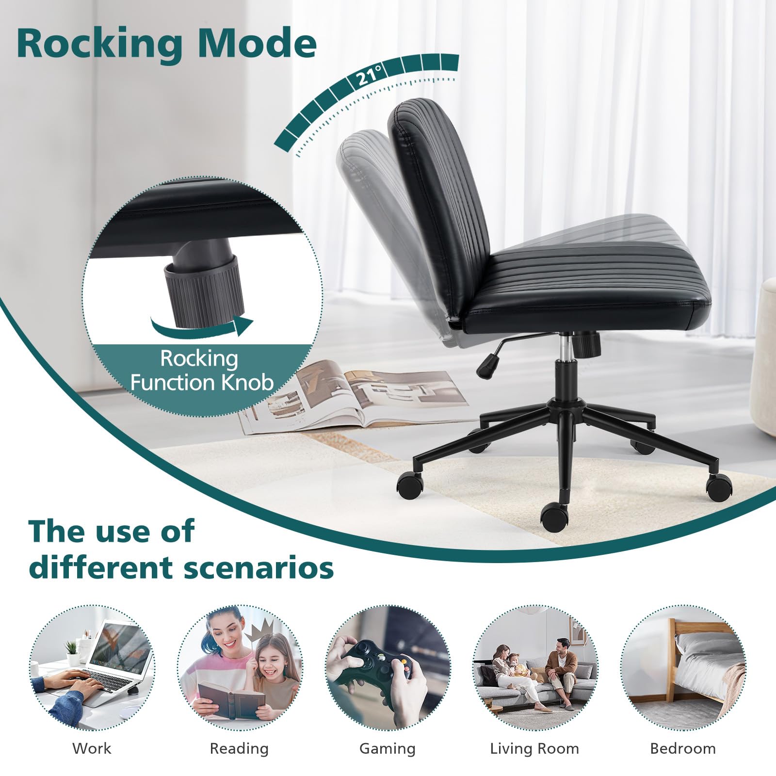 Criss Cross Chair with Wheels Wide Cross Legged Office Desk Vanity Chair Comfy Fabric Armless Adjustable Swivel for Home Computer Task PU Black