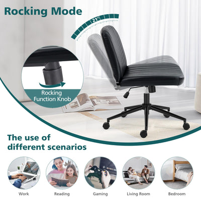 Criss Cross Chair with Wheels Wide Cross Legged Office Desk Vanity Chair Comfy Fabric Armless Adjustable Swivel for Home Computer Task PU Black