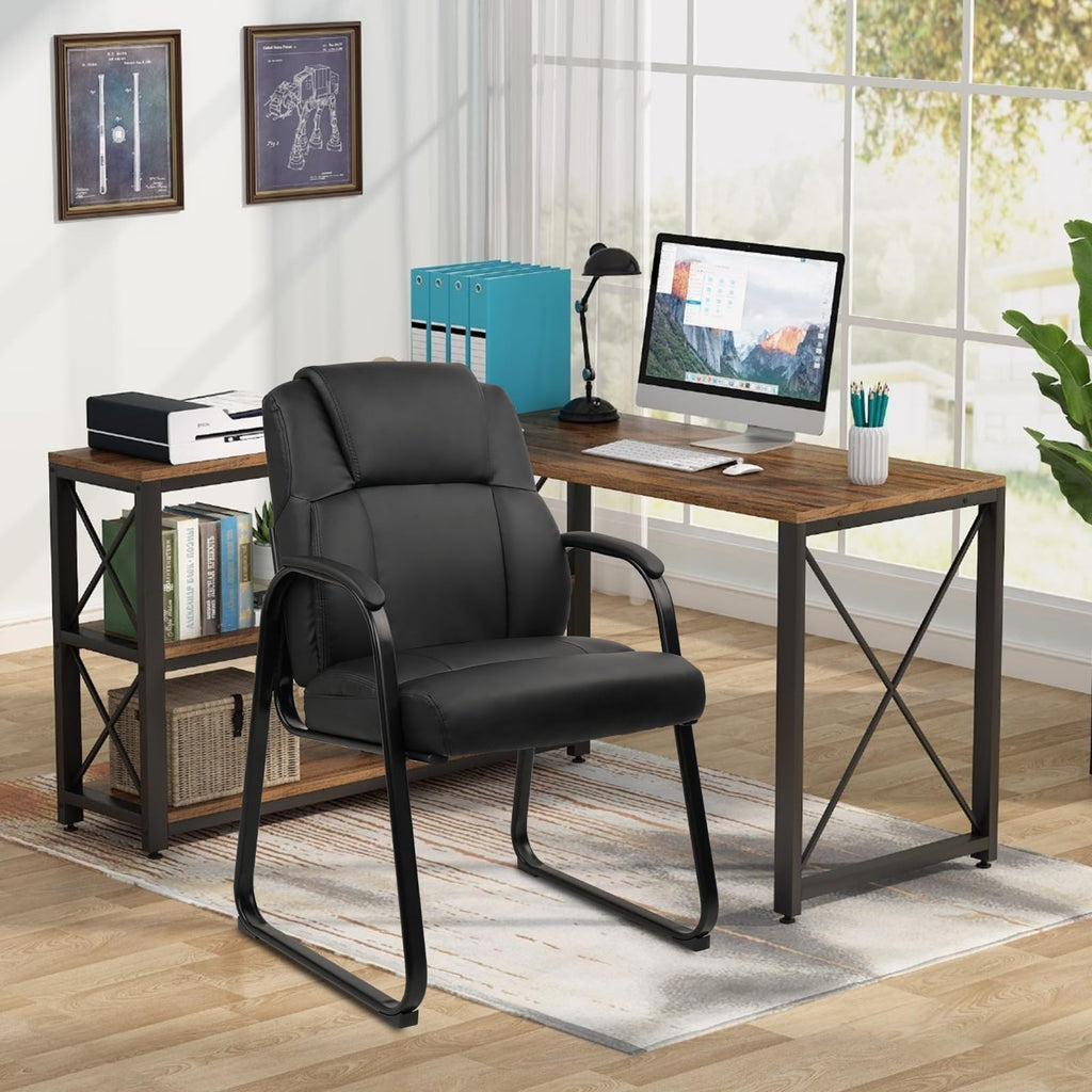 Classic Leather Soft Reception Chair with Padded Armrests and Sled Base, Executive Guest Chair for Office Computer Desk Conference Waiting Meeting Room, Black (8 Pack)
