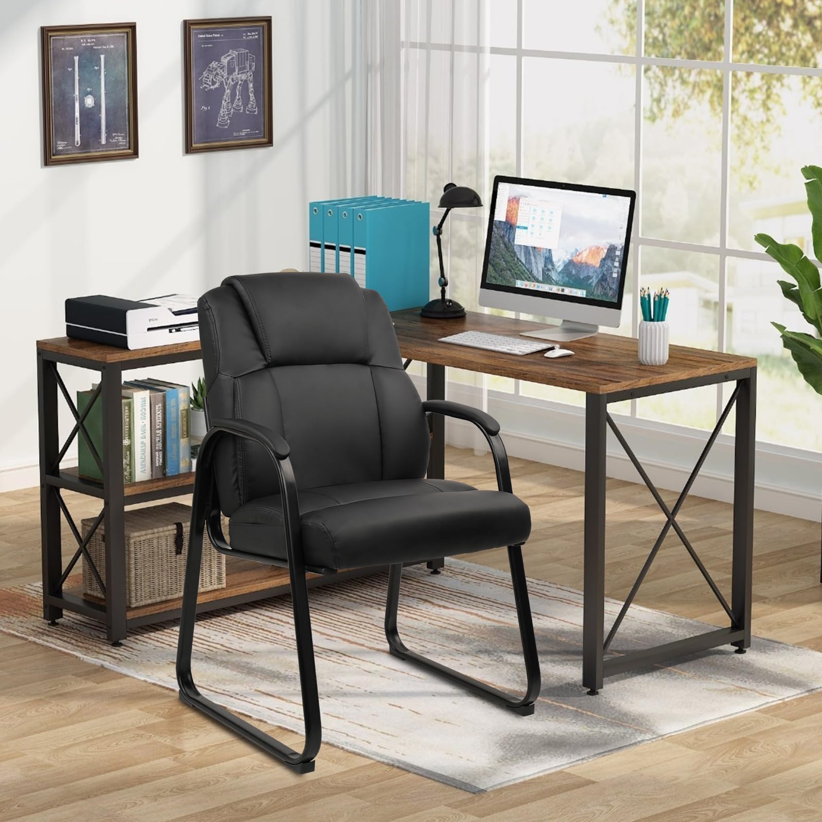 Classic Leather Soft Reception Chair with Padded Armrests and Sled Base, Executive Guest Chair for Office Computer Desk Conference Waiting Meeting Room, Black (2 Pack)
