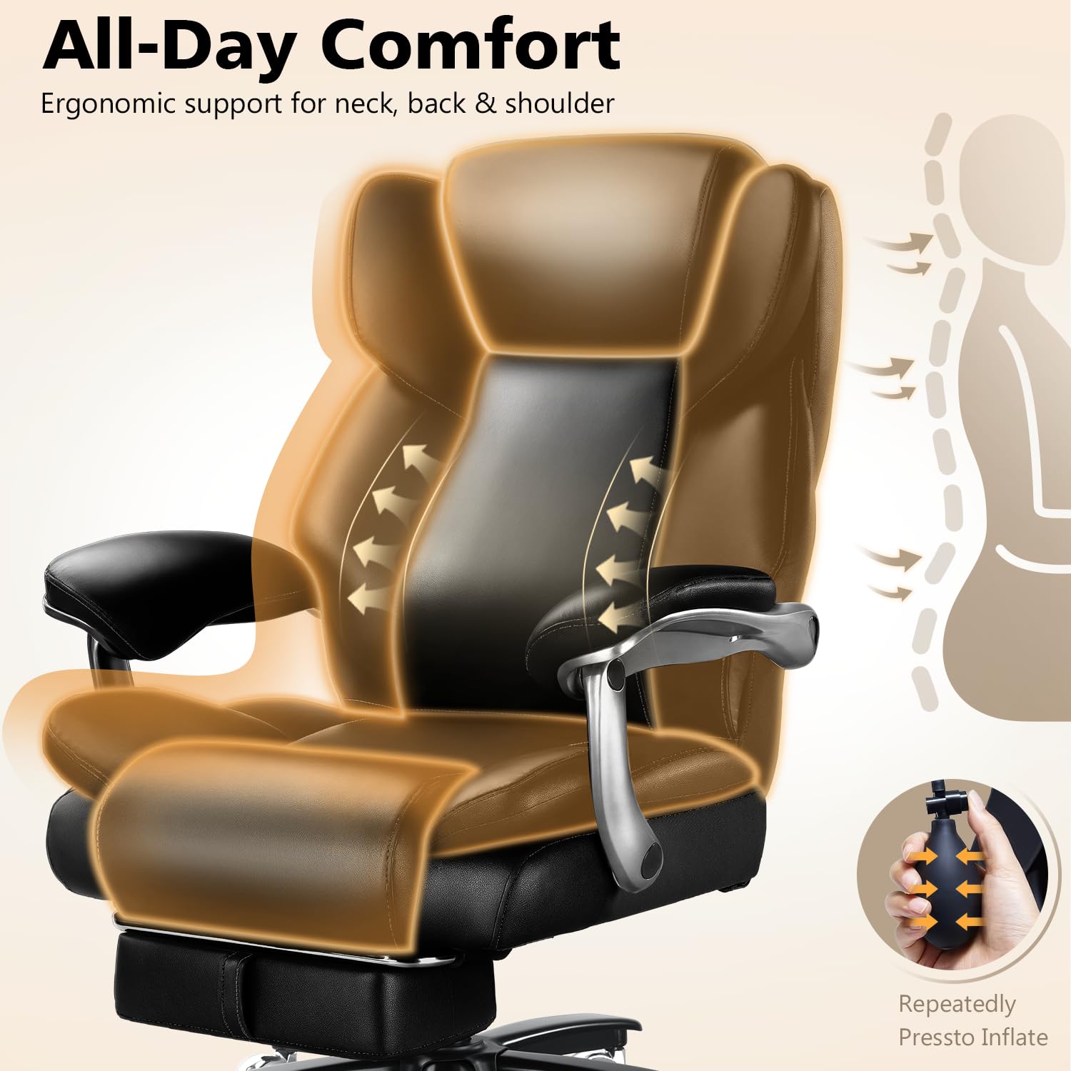 500lbs Heavy Duty Comfy Office Chair, Reclining Big and Tall Office Chair for Heavy People, High Back Executive Chair with Adjustable Lumbar Support,Pocket Spring Cushion