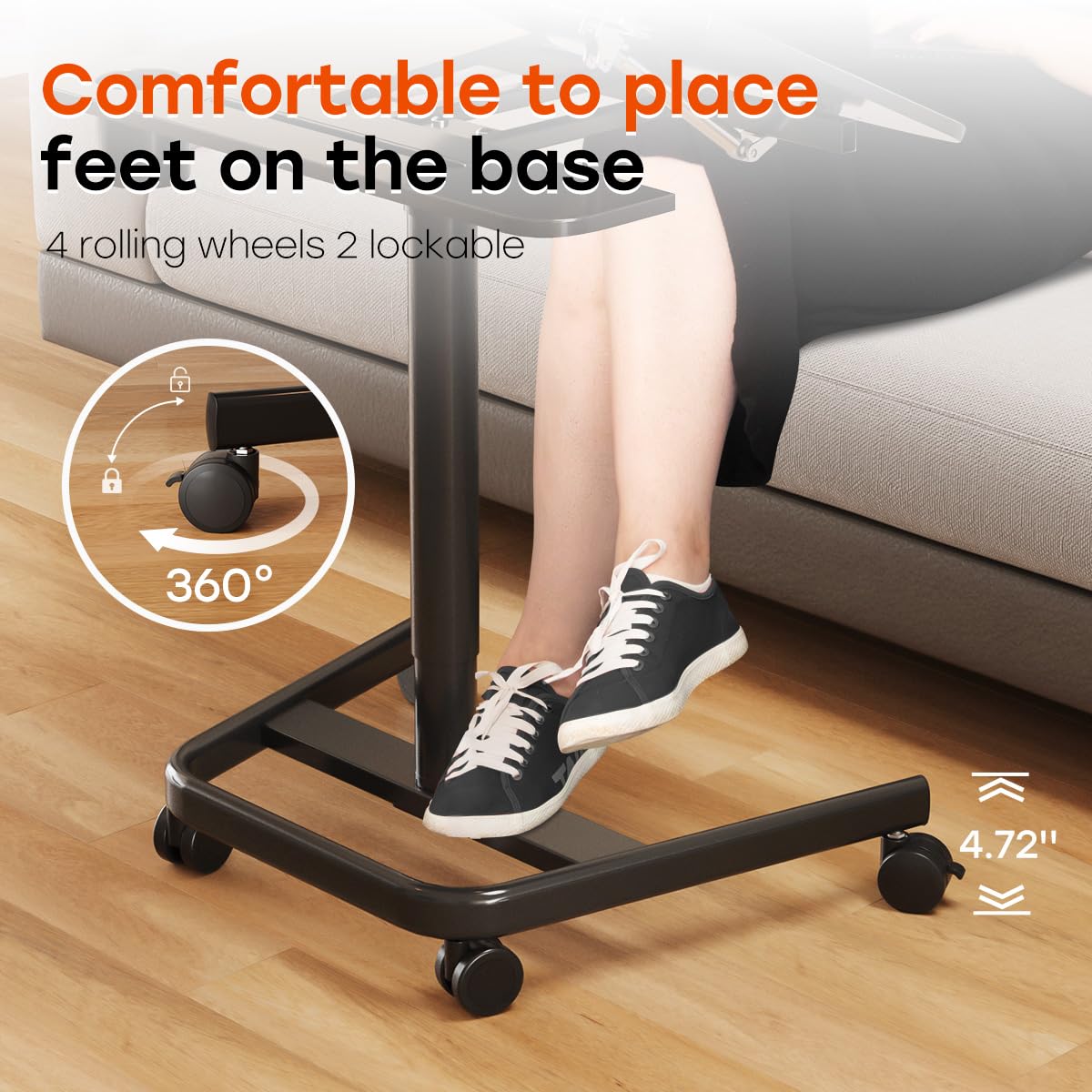 Mobile Standing Desk, Height Adjustable Table, 60° Tiltable Rolling Laptop Desk, Portable Sit Stand Desk with Wheels Cup Holder for Bed Couch Hospital, Holds Up to 22lbs, Black