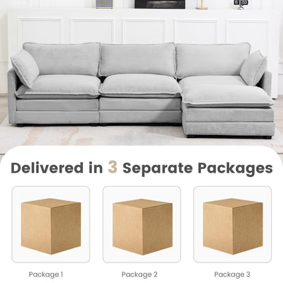 Oversized Modular Sectional Sofa with Movable Ottoman, 112 Inch 4 Seat Modern Corduroy Sofa Set, Convertible L Shaped Couch for Living Room and Office, Light Grey