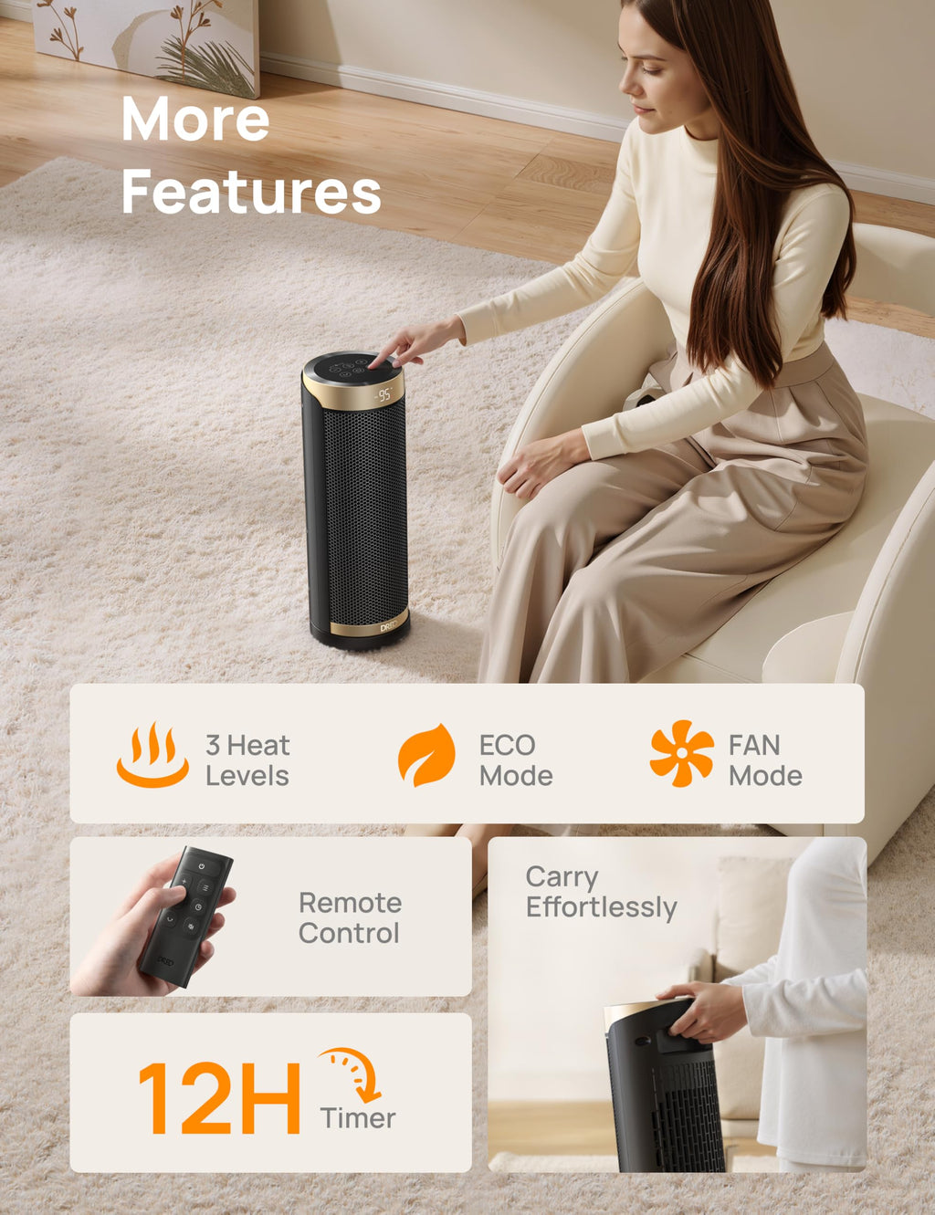 Space Heater, 1500W Electric Heaters for Indoor Use with Thermostat, 70° Oscillation, 8 Safety Protections, 5 Modes, Remote, 12H Timer, Quiet Portable Heater for Office, Bedroom, Large Room