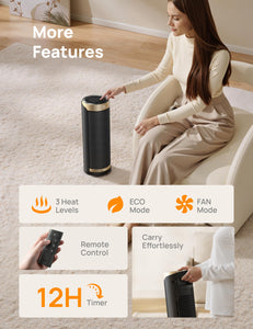 Space Heater, 1500W Electric Heaters for Indoor Use with Thermostat, 70° Oscillation, 8 Safety Protections, 5 Modes, Remote, 12H Timer, Quiet Portable Heater for Office, Bedroom, Large Room