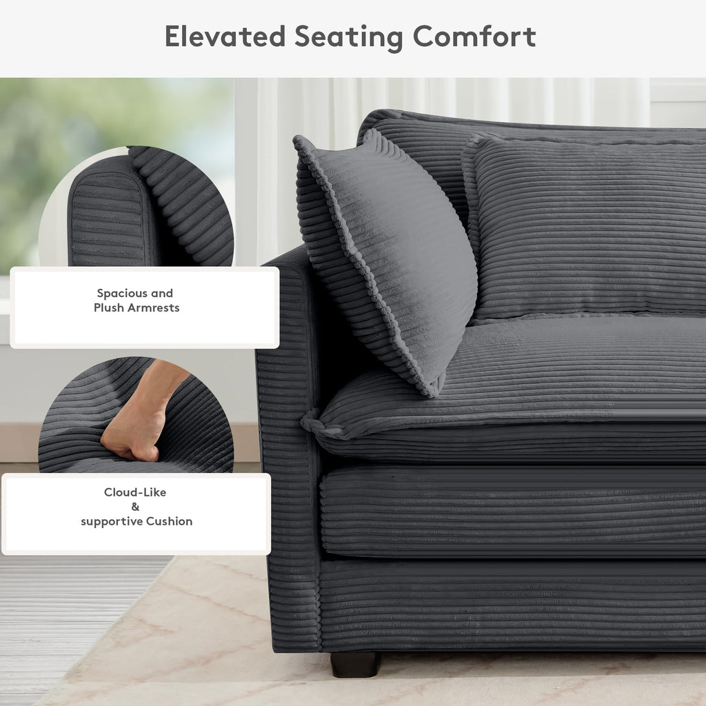 150'' Modular Sectional Corner Cloud Couch, 7 Seater Sofa Big Comfy Corduroy V Shaped Couch with 4 Throw Pillows, Movable Ottoman, Couches for Living Room Office Dark Grey