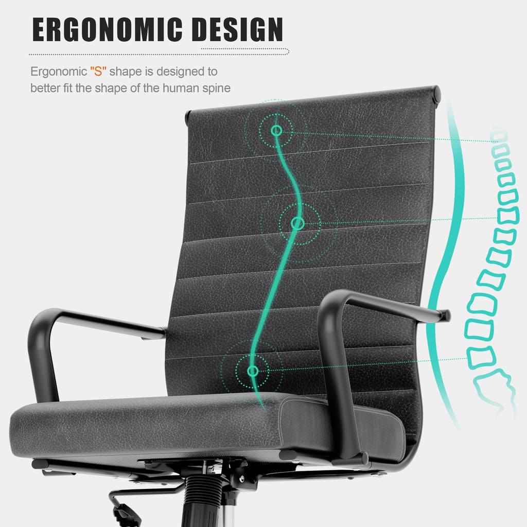 Okeysen Genuine Leather Office Desk Chair, Mid-Century Modern Real Leather Conference Room Chairs, Ergonomic Executive Ribbed Height Adjustable Swivel Rolling Chair for Home Office....