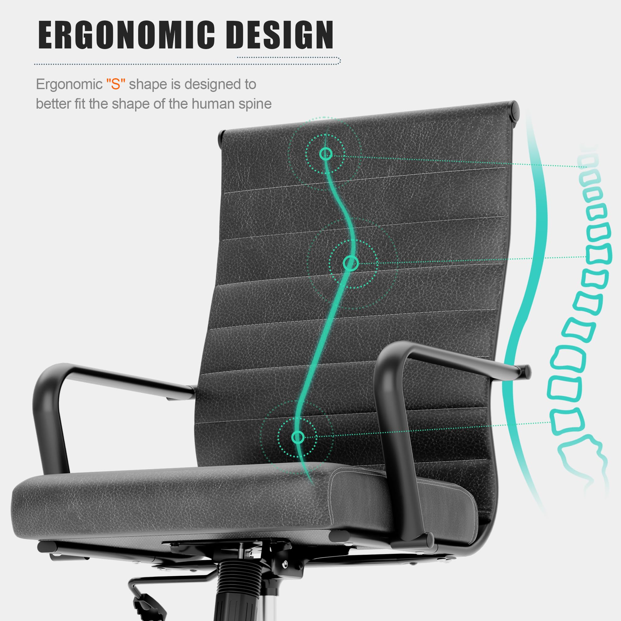 Okeysen Genuine Leather Office Desk Chair, Mid-Century Modern Real Leather Conference Room Chairs, Ergonomic Executive Ribbed Height Adjustable Swivel Rolling Chair for Home Office....