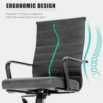 Okeysen Genuine Leather Office Desk Chair, Mid-Century Modern Real Leather Conference Room Chairs, Ergonomic Executive Ribbed Height Adjustable Swivel Rolling Chair for Home Office....