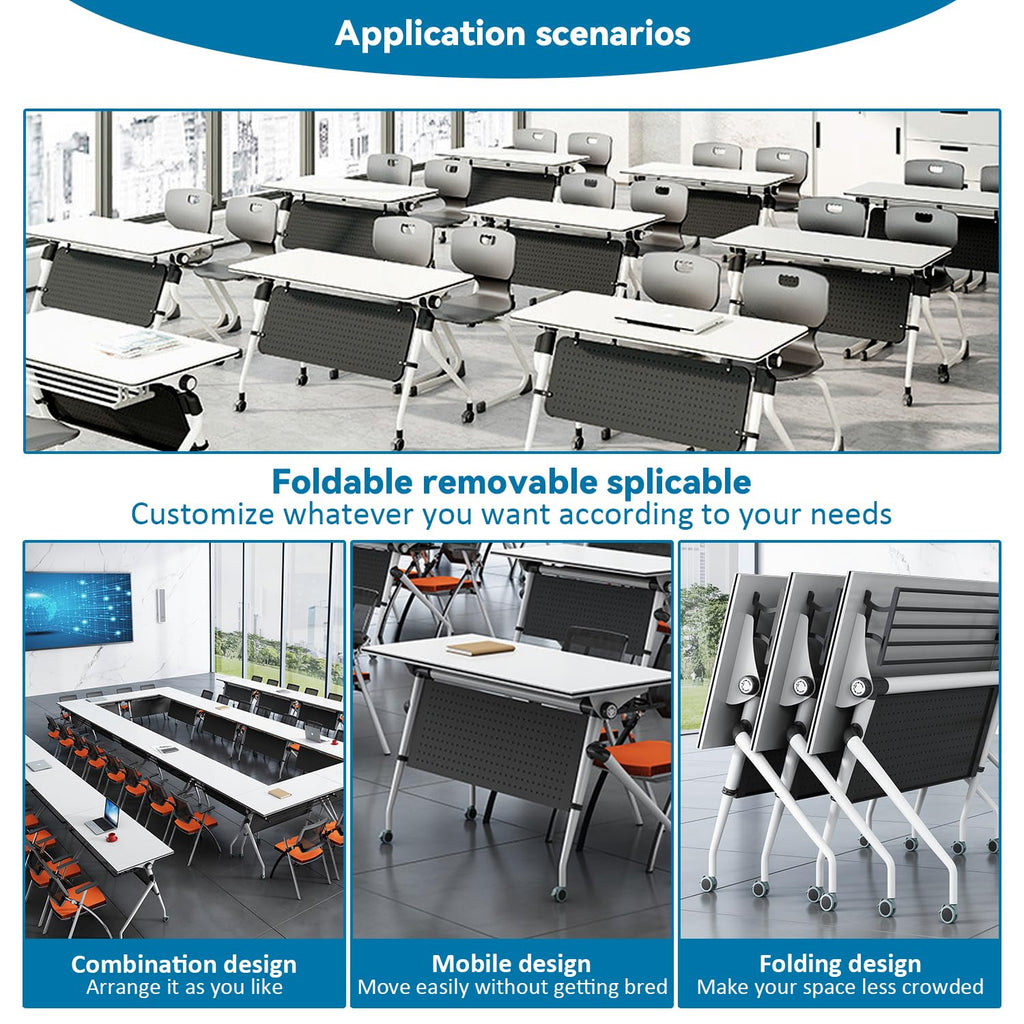Folding Conference Table, Modern Flip Top Mobile Meeting Table, Rolling Conference Room Tables, Rectangular Seminar Meeting Tables for Office, Training Rooms (8, 53.1in)