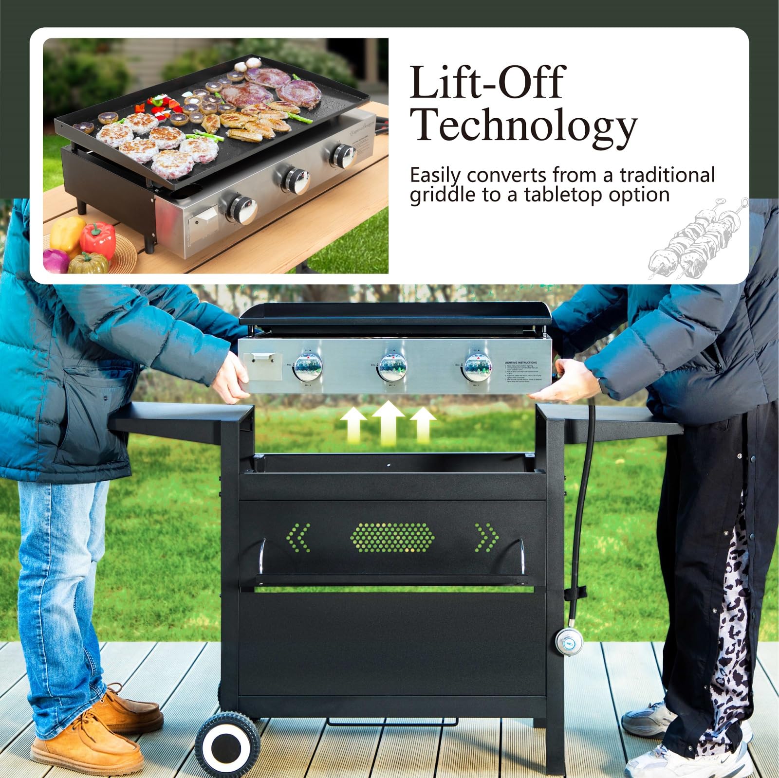 28-Inch Flat Top Grill with Ceramic Coated Cast Iron Griddle, 3-Burner Propane Gas BBQ Griddle, Portable Outdoor Barbecue Grill,33,000 BTU,Black