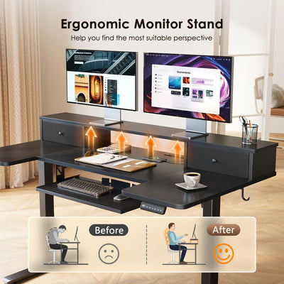 U Shaped Electric Standing Desk with Drawers, 55 Inch Height Adjustable Desk with Keyboard Tray ＆ Ergonomic Monitor Stand, Sit Stand Table with Power Outlets for Home, Office, Black