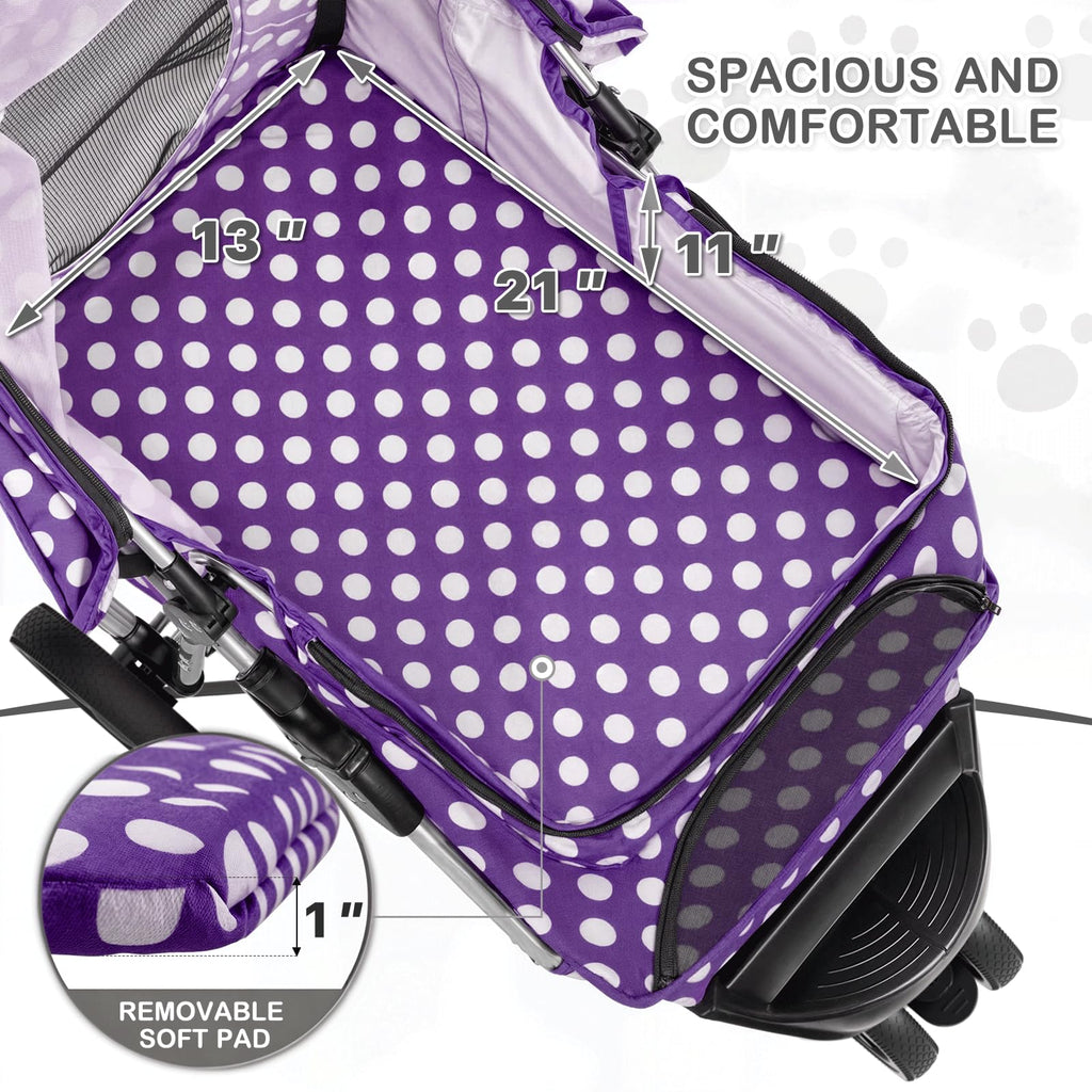 3 Wheels Pet Dog Cat Stroller for Small Medium Dogs Cats, Foldable Jogger Stroller w/Storage Basket and Cup Holder, Purple Polka Dots